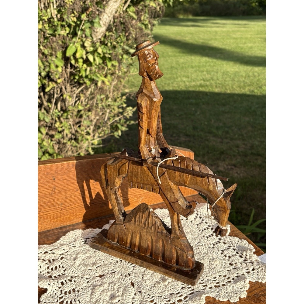 VTG Hand Carved Wooden Don Quixote on His Horse Rocinante Sculpture Folk Art 15"